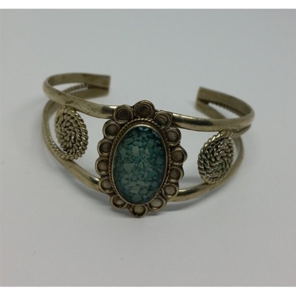 Vintage Artisan Alpaca Silver Mexico Bracelet Flower Shape with Stone Chips - Picture 1 of 3